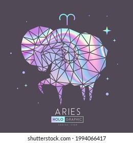 Tarjeta de brujería holográfica mágica moderna con signo de astrología Aries zodiac. Cabeza de mecha o de pulmón de estilo poligonal