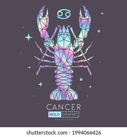 Tarjeta de brujería holográfica mágica moderna con signo de astrología Cáncer zodiaco. Ilustración de langosta en estilo poligoleño