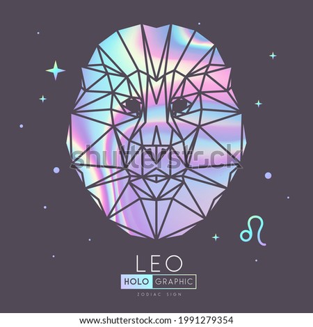 Modern magic holographic witchcraft card with astrology Leo zodiac sign. Lion head in polygonal style
