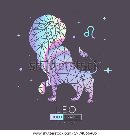 Modern magic holographic witchcraft card with astrology Leo zodiac sign. Lion head in polygonal style