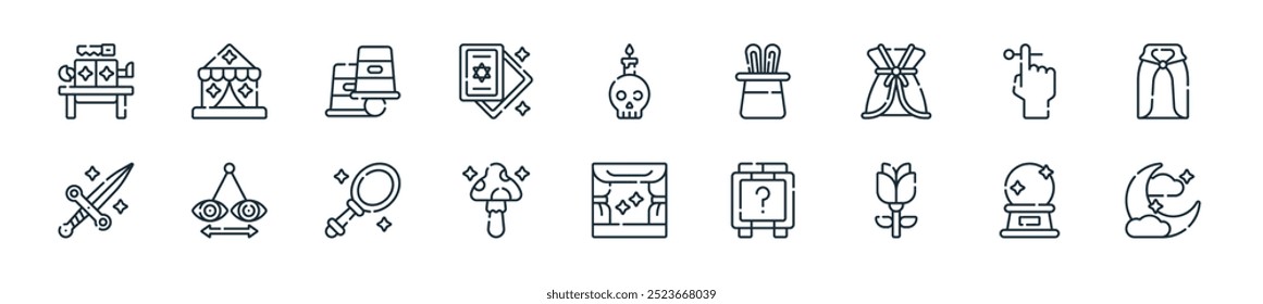 modern magic icon pack. perfect for linear ui designs featuring vector moon, crystal ball, rose, mystery box, magic show, mushroom, magic mirror and more icons for mobile and web apps.