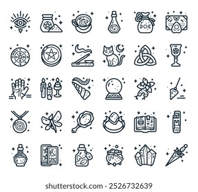 modern magic icon pack. perfect for linear ui designs featuring vector sword, crystal, cauldron, ingredients, tarot and more icons.