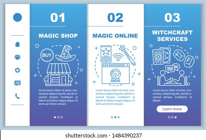 Modern magic onboarding mobile web pages vector template. Witchcraft services responsive smartphone website interface idea with linear illustrations. Webpage walkthrough step screens. Color concept 