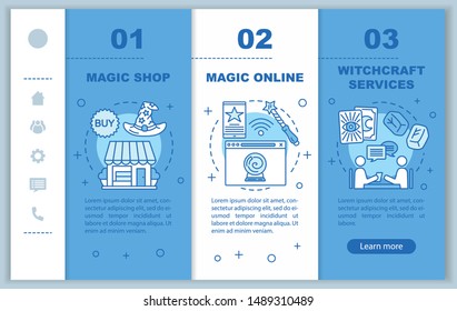 Modern magic onboarding mobile web pages vector template. Witchcraft responsive smartphone website interface idea with linear illustrations. Webpage walkthrough step screens. Color concept 