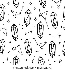 Magia moderna sin fisuras con cristales, estrellas y constelaciones. Ilustración extraída a mano por vectores aislados. Perfecto para el diseño de fondo, impresión, papel o tela.