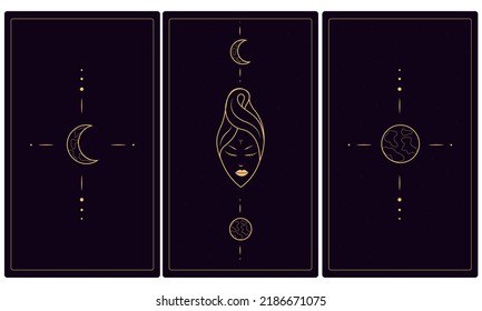 Modern magic taros cards with seer, moon, planet and stars. Witch, fortune teller, moon, planet. Magic sky vector illustration