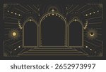Modern magic witchcraft  astrology arch frame with stars, sun and moon on black background. Line art occult vector illustration