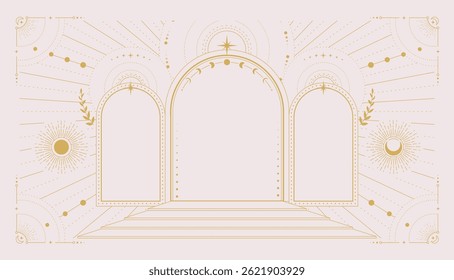 Modern magic witchcraft  astrology arch frame with stars, sun and moon isolated on white background. Line art occult vector illustration