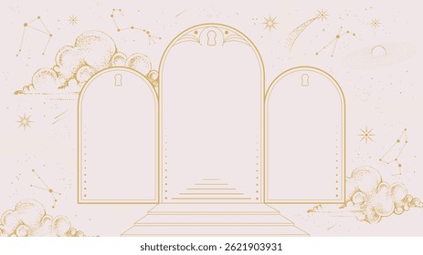 Moderna magia bruxaria astrologia arco quadro com estrelas, cometas, nuvens e constelações em fundo branco. Ilustração vetorial oculta em arte de linha