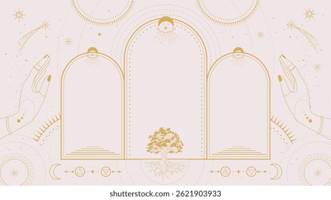Moderna magia bruxaria astrologia arco quadro com os Quatro Elementos, carvalho árvore, estrelas, mãos, sol e lua. Ilustração vetorial oculta em arte de linha