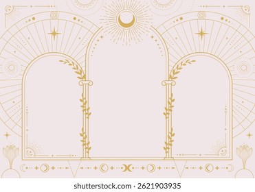 Magia moderna bruxaria astrologia arco quadro com fases da lua, arco, colunas, flores, estrelas, sol e lua. Ilustração vetorial oculta em arte de linha