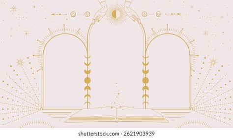 Modern magic witchcraft  astrology arch frame with Four Elements, open book, hands, stars, sun and moon. Line art occult vector illustration