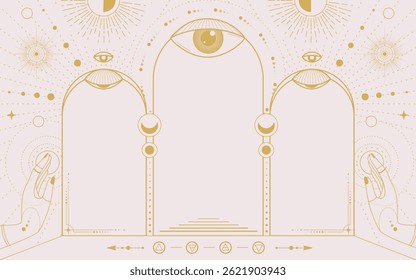 Modern magic witchcraft astrology arch frame with all-seeing eye, the Four Elements, stars, hands, sun and moon. Line art occult vector illustration