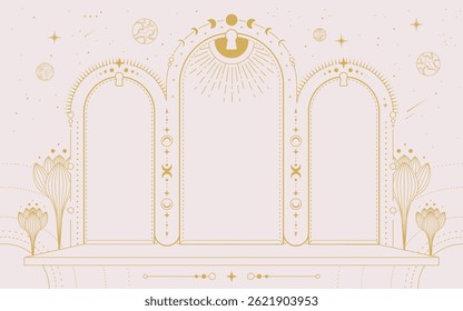 Moderna magia bruxaria astrologia arco quadro com fases da lua, buraco da fechadura, flores, estrelas, sol e lua. Ilustração vetorial oculta em arte de linha