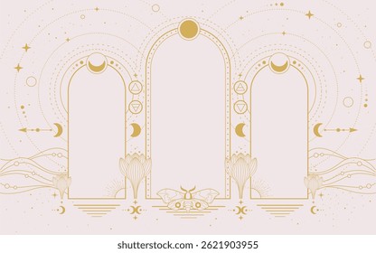 Modern magic witchcraft astrology arch frame with Four Elements, butterfly, flowers, stars, sun and moon. Line art occult vector illustration