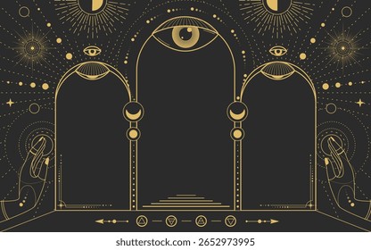 Moderna magia bruxaria astrologia arco quadro com olho tudo-vendo, os Quatro Elementos, estrelas, mãos, sol e lua. Ilustração vetorial oculta em arte de linha