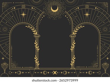 Modern magic witchcraft astrology arch frame with moon phases, arch, columns, flowers, stars, sun and moon. Line art occult vector illustration