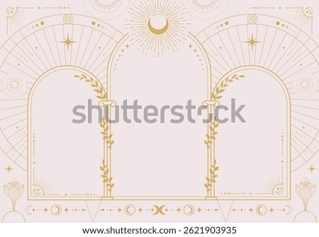 Modern magic witchcraft astrology arch frame with moon phases, arch, columns, flowers, stars, sun and moon. Line art occult vector illustration