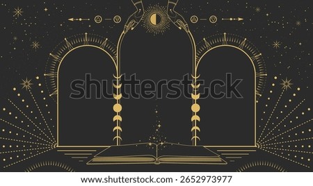 Modern magic witchcraft  astrology arch frame with Four Elements, open book, hands, stars, sun and moon. Line art occult vector illustration