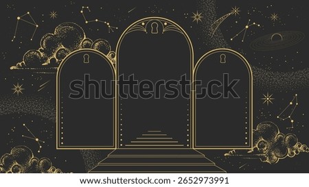 Modern magic witchcraft  astrology arch frame with stars, comets, clouds and constellations on black background. Line art occult vector illustration