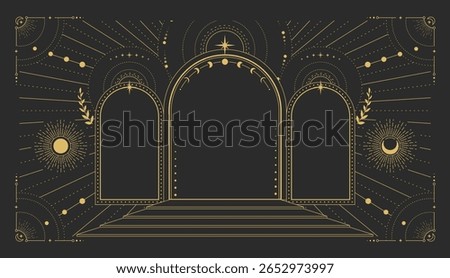 Modern magic witchcraft  astrology arch frame with stars, sun and moon on black background. Line art occult vector illustration