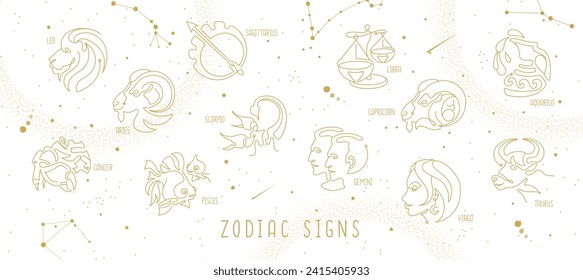 Modern magic witchcraft astrology background with zodiac constellations in the sky. Vector illustration