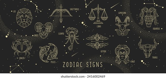 Modern magic witchcraft astrology background with zodiac constellations in the night sky. Vector illustration
