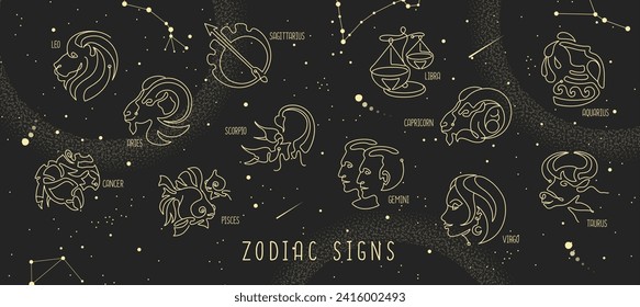 Modern magic witchcraft astrology background with zodiac constellations in the night sky. Vector illustration