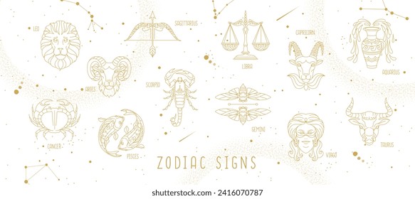 Modern magic witchcraft astrology background with zodiac constellations in the sky. Vector illustration