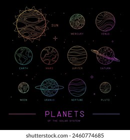 Modern magic witchcraft astrology background with fluorescent planets of the Solar System. Line art occult vector illustration