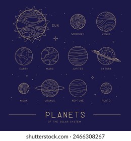 Modern magic witchcraft astrology background with Planets of the Solar System. Line art occult vector illustration