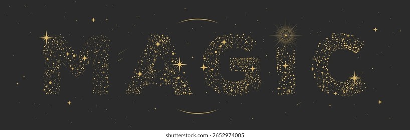 Modern magic witchcraft astrology background with glittering letters on space background. Vector illustration