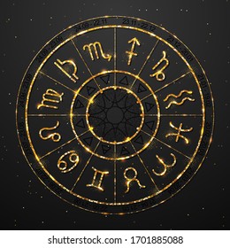 Modern magic witchcraft Astrology golden wheel with zodiac signs on space background. Realistic illustration of  zodiac signs. Horoscope vector illustration