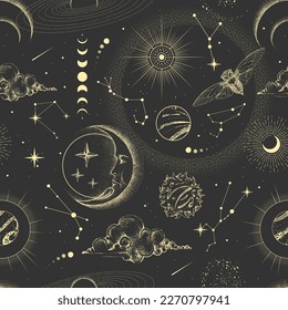 Modern magic witchcraft  astrology seamless pattern with sun, stars, planets and outer space. Astrology background. Vecto illustration