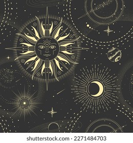 Modern magic witchcraft  astrology seamless pattern with sun, stars, planets and outer space. Astrology background. Vector illustration