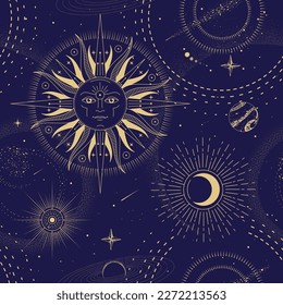 Astrología mágica moderna de brujería sin fisuras con sol, estrellas, planetas y espacio exterior. Fondo astrológico. Ilustración del vector