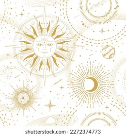 Modern magic witchcraft  astrology seamless pattern with sun, stars, planets and outer space. Astrology background. Vector illustration