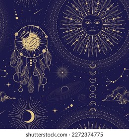 Astrología mágica moderna de brujería sin fisuras con sol, estrellas, planetas y espacio exterior. Fondo astrológico. Ilustración del vector