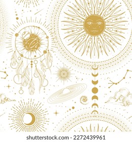 Modern magic witchcraft  astrology seamless pattern with sun, stars, planets and outer space. Astrology background. Vector illustration