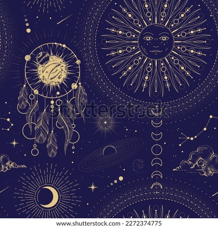 Modern magic witchcraft  astrology seamless pattern with sun, stars, planets and outer space. Astrology background. Vector illustration