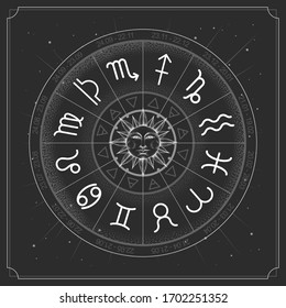 Modern magic witchcraft Astrology wheel with zodiac signs on space background. Realistic illustration of  zodiac signs. Horoscope vector illustration