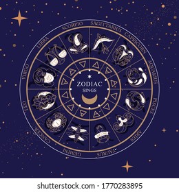 Modern magic witchcraft Astrology wheel with zodiac signs on space background. Horoscope vector illustration