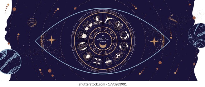 Modern magic witchcraft Astrology wheel with zodiac signs on space background. Horoscope vector illustration