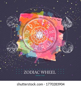 Modern magic witchcraft Astrology wheel with zodiac signs on watercolor background. Horoscope vector illustration