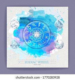 Modern magic witchcraft Astrology wheel with zodiac signs on watercolor background. Horoscope vector illustration