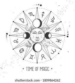 Modern magic witchcraft Astrology wheel with zodiac signs on space background. Horoscope vector illustration