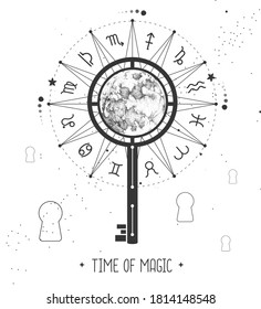 Modern magic witchcraft Astrology wheel with zodiac signs on space background. Magic key silhouette. Horoscope vector illustration