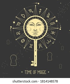 Modern magic witchcraft Astrology wheel with zodiac signs on space background. Magic key silhouette. Horoscope vector illustration