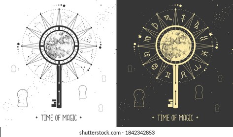 Modern magic witchcraft Astrology wheel with zodiac signs on space background. Magic key silhouette. Horoscope vector illustration
