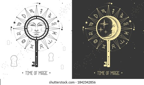 Modern magic witchcraft Astrology wheel with zodiac signs on space background. Magic key silhouette. Horoscope vector illustration